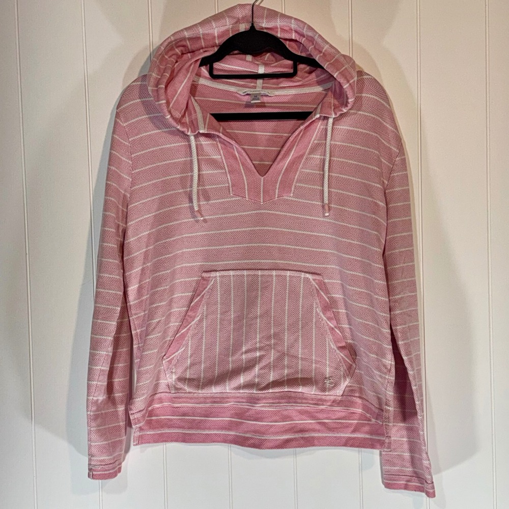 Southern Tide Pink White Striped Herringbone Hoodie V-Neck Pullover Women Medium